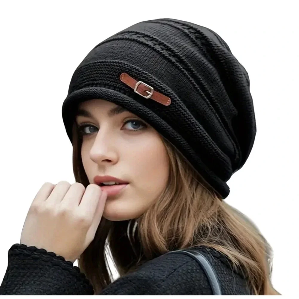 Slouchy Stretchy Winter Cozy Cream‎ Buckle Beanie Knit Hat OS Thick Soft Lined